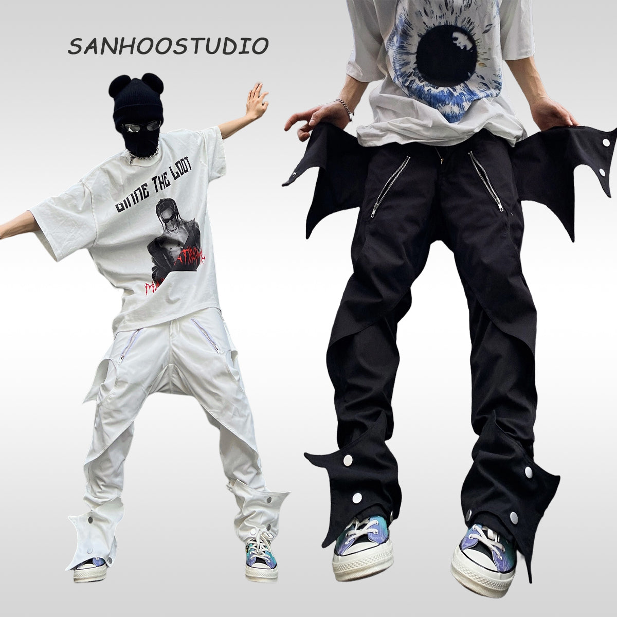 The Sanhoostudio functional zipper pants feature a straight-leg cut with punk-inspired hip-hop elements, bold zipper detailing, and a utilitarian aesthetic. Perfect for streetwear lovers, these pants combine comfort with striking urban energy for standout everyday styling.