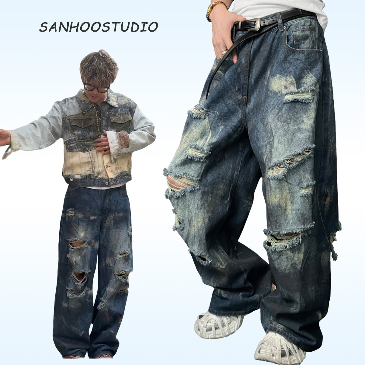 Distressed Washed Wide-Leg Denim Trousers