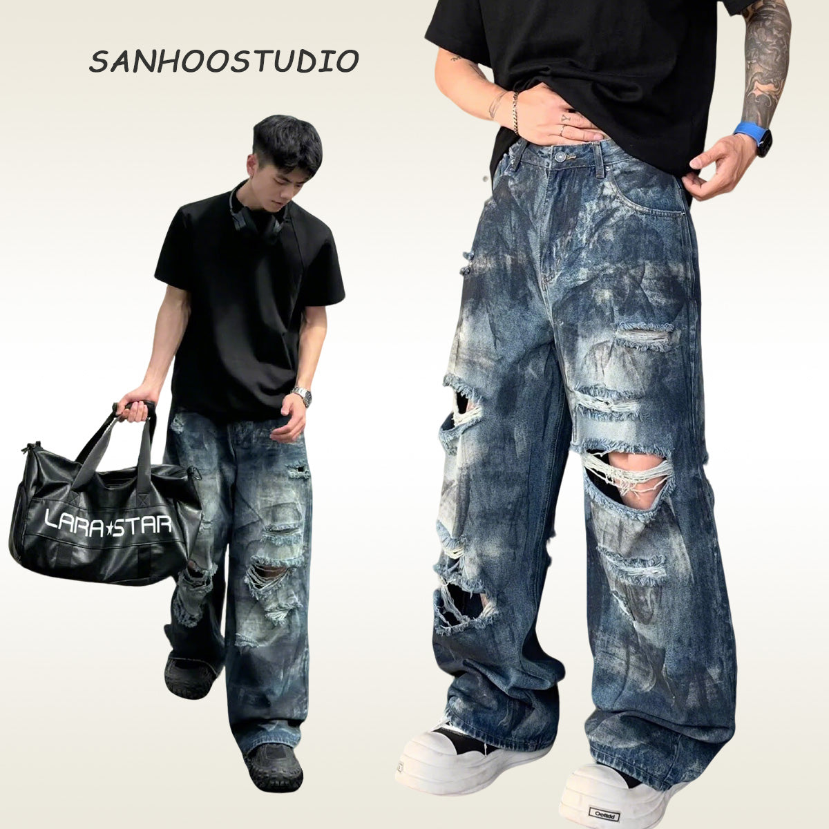 Loose Washed Ripped Bootcut Jeans