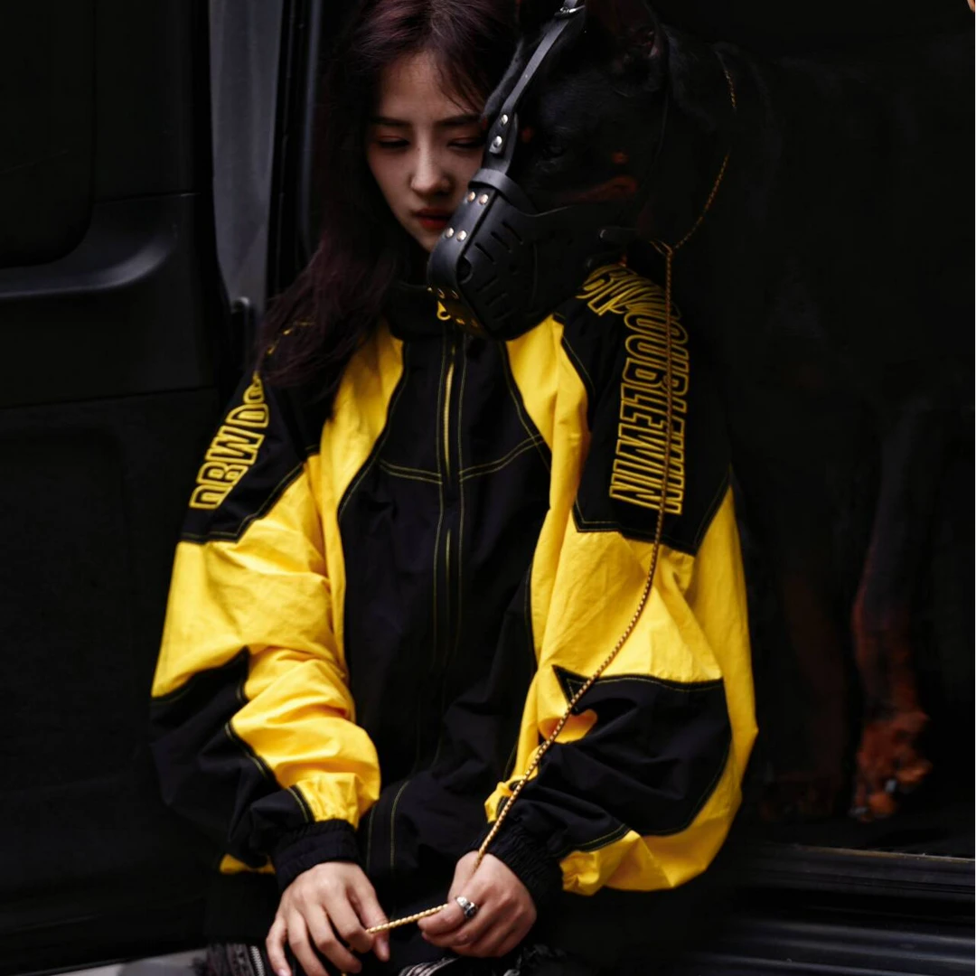 Yellow-Black Washed Patchwork Windbreaker
