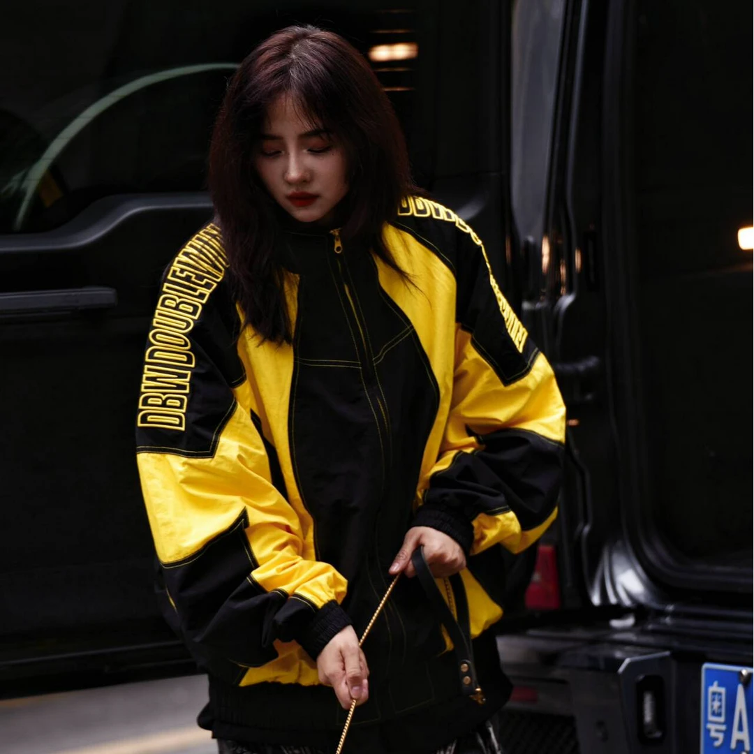 Yellow-Black Washed Patchwork Windbreaker