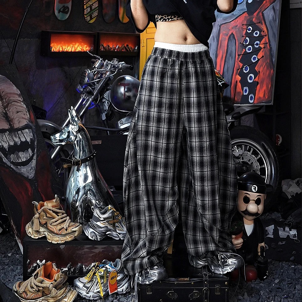 Retro Gray Plaid Wide-Leg Pants