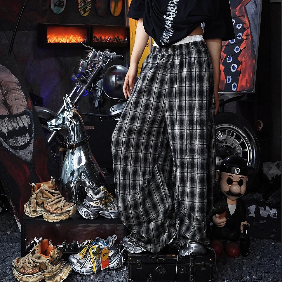 Retro Gray Plaid Wide-Leg Pants