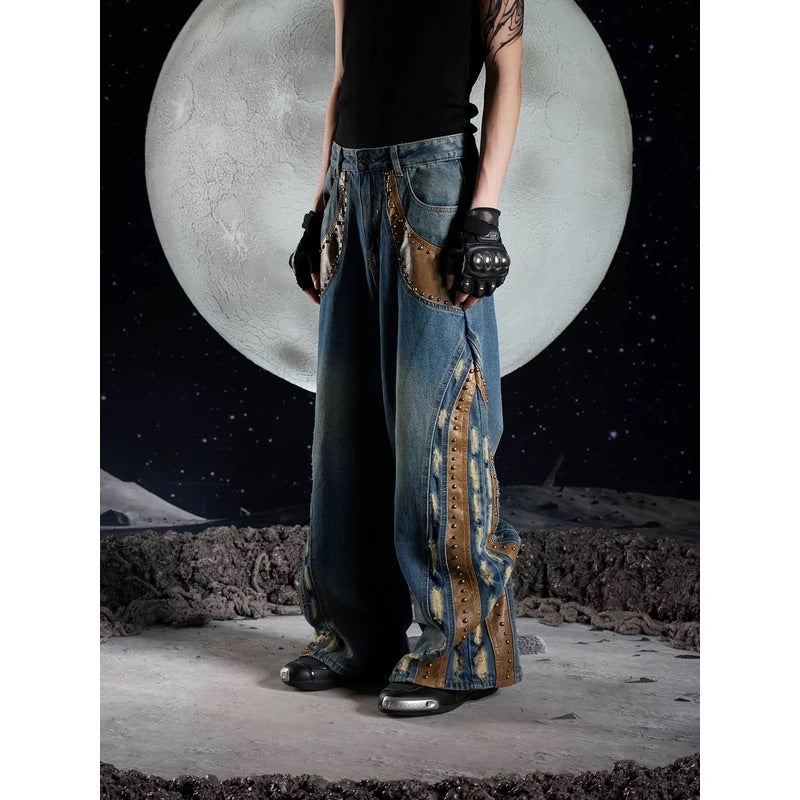 PU Patch Metal Stud Washed Jeans