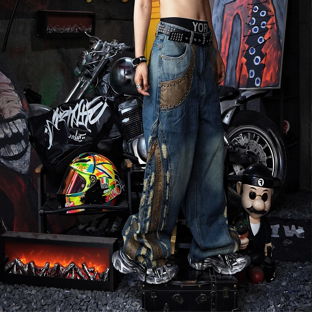 PU Patch Metal Stud Washed Jeans