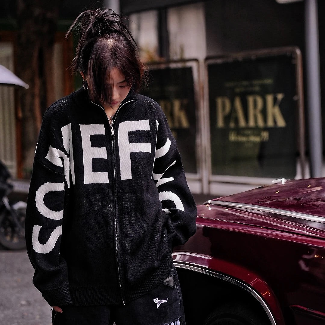 Layered Print High-Neck Street Sweater (Pre-order, Ships Within 20 Days)