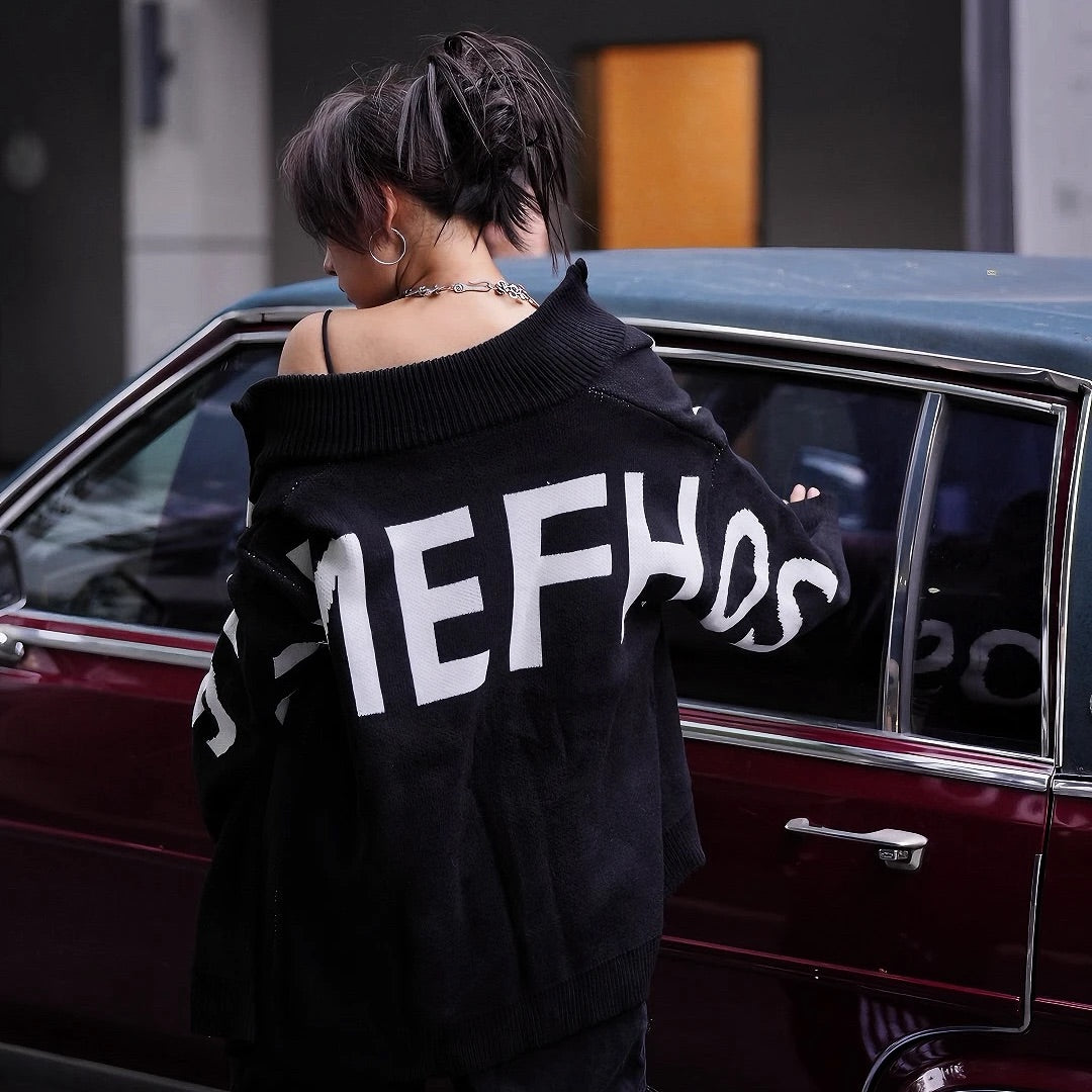 Layered Print High-Neck Street Sweater (Pre-order, Ships Within 20 Days)