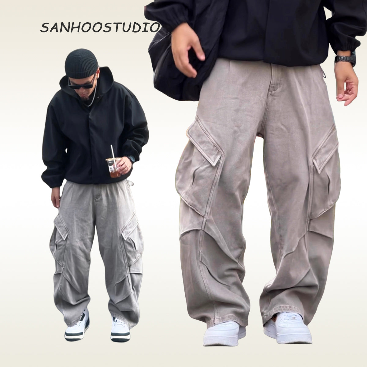 These Sanhoostudio cargo pants feature a blade-cut silhouette with pleated details and functional pockets. The wide-leg design blends avant-garde construction with utilitarian streetwear for a bold daily look.