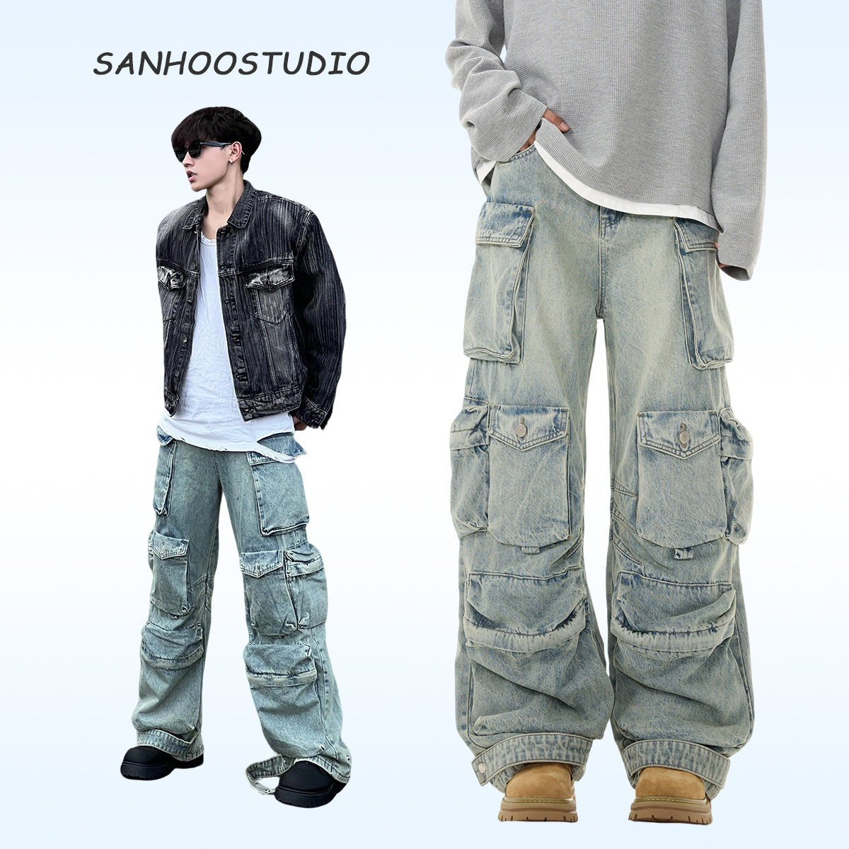 Sanhoostudio Distressed Multi Pocket Wide Cargo Pants