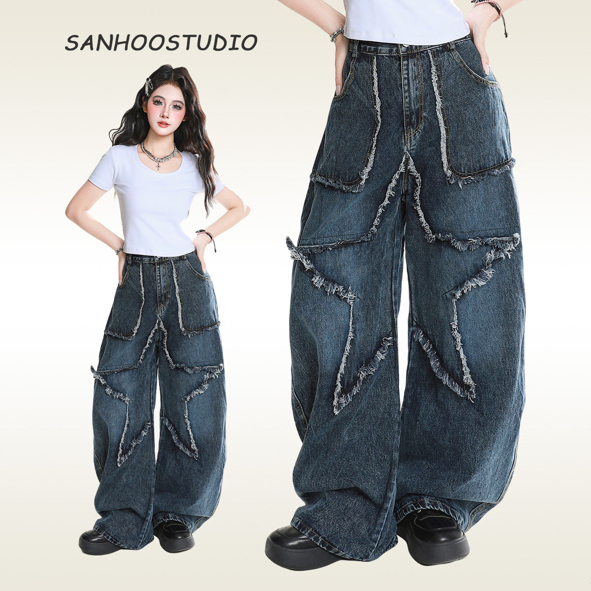 【25s Aug.】Vintage Star Embroidered Raw Hem Washed Jeans