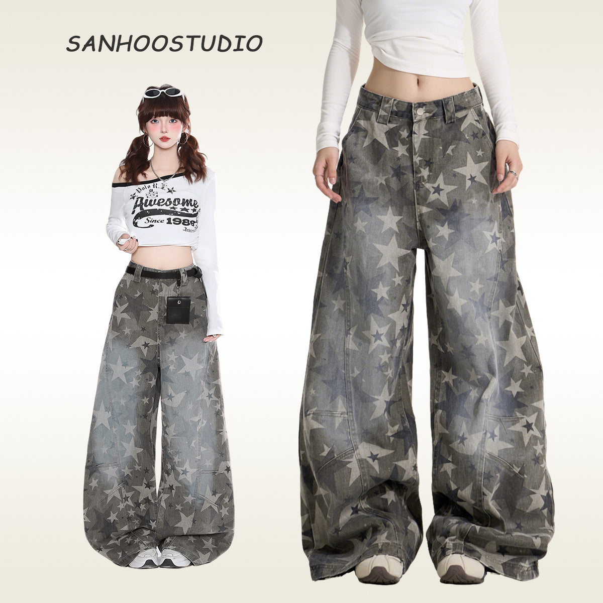 【25s Aug.】Camouflage Star Curved-Cut Jeans