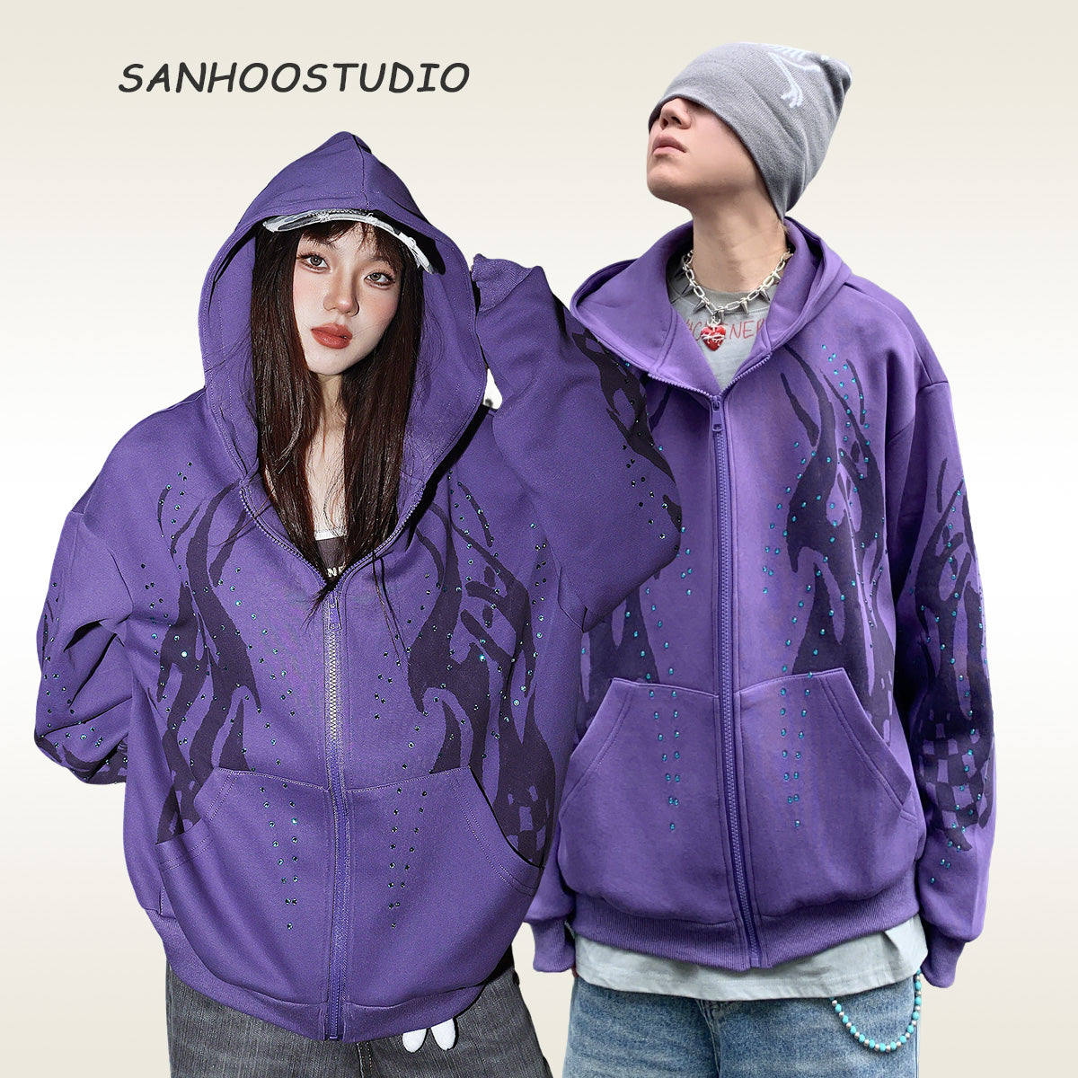 【25s Aug.】Vintage Flame Rhinestone Hoodie Jacket