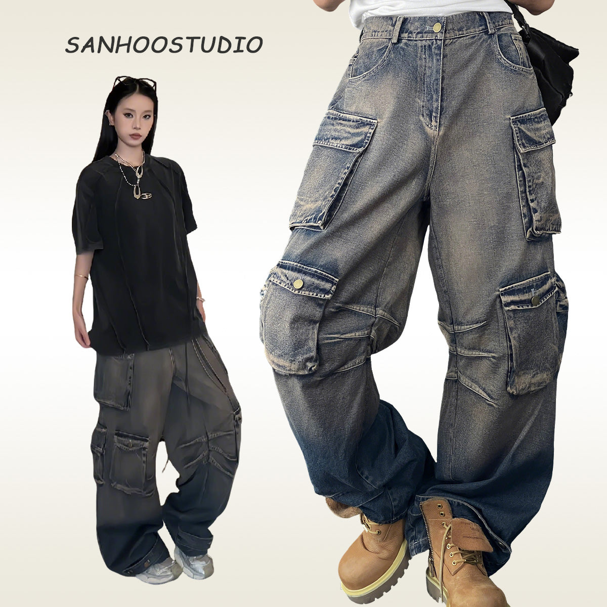 Utility Pocket Loose Cargo Denim Pants