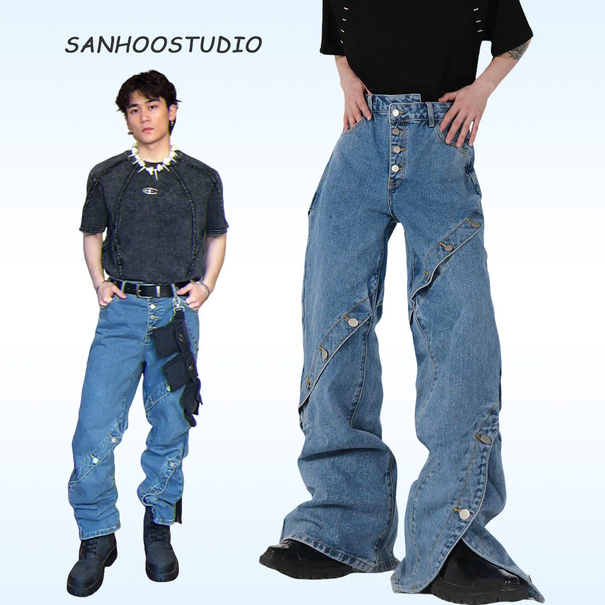 Metal Button Wide-leg Jeans