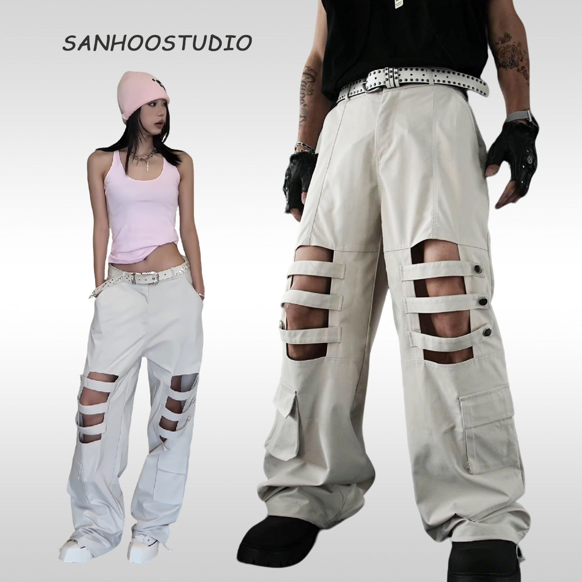 Dark Strap-Studded Punk Straight Cargo Pants
