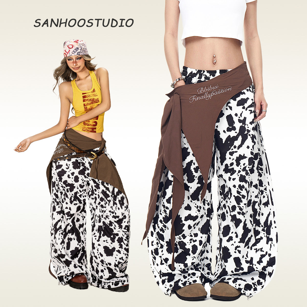 The Sanhoostudio lace-up wide-leg pants feature a black-and-white color-block design with blade-style hem details. Their oversized silhouette and bold contrasts deliver high street energy with a unique avant-garde aesthetic.