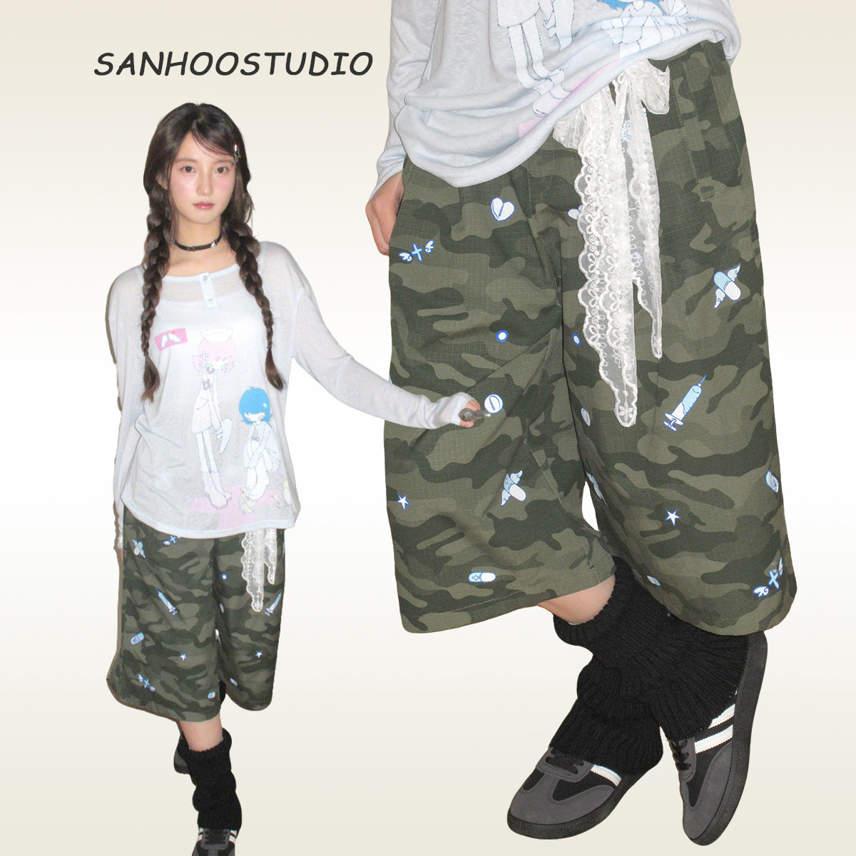 These camouflage print cropped pants from Sanhoostudio bring a relaxed streetwear touch with a loose straight-leg silhouette. Designed for comfort and versatility, they blend urban edge with casual style for everyday wear.