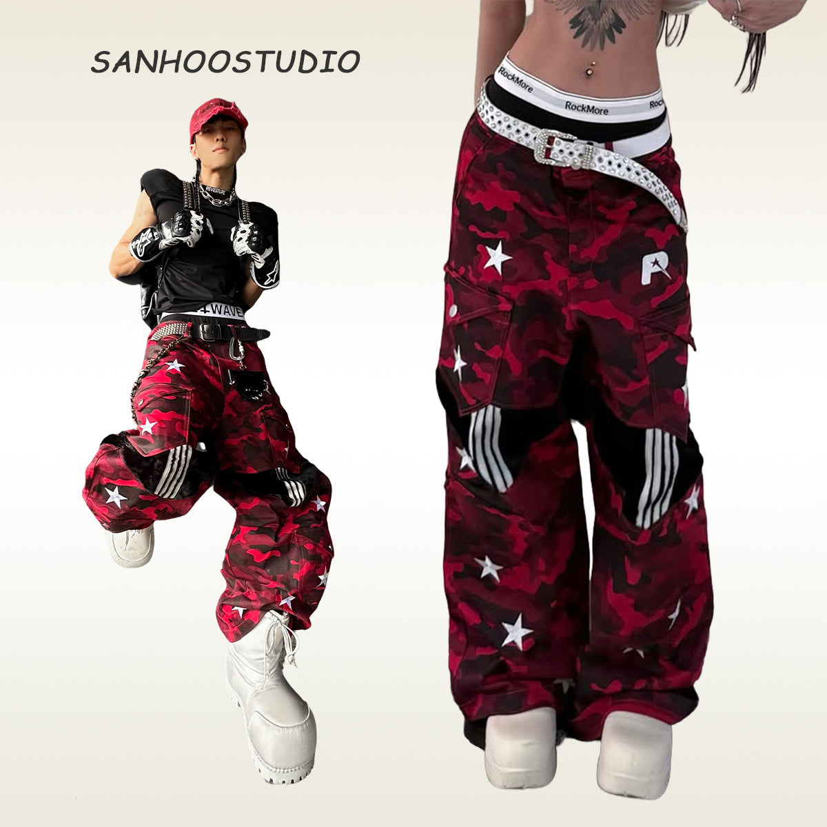 These Sanhoostudio camouflage pants feature bold star prints, patchwork design, and a low-waist loose fit. With their retro streetwear inspiration, they merge military ruggedness with casual style, making them a versatile staple for high street fashion.