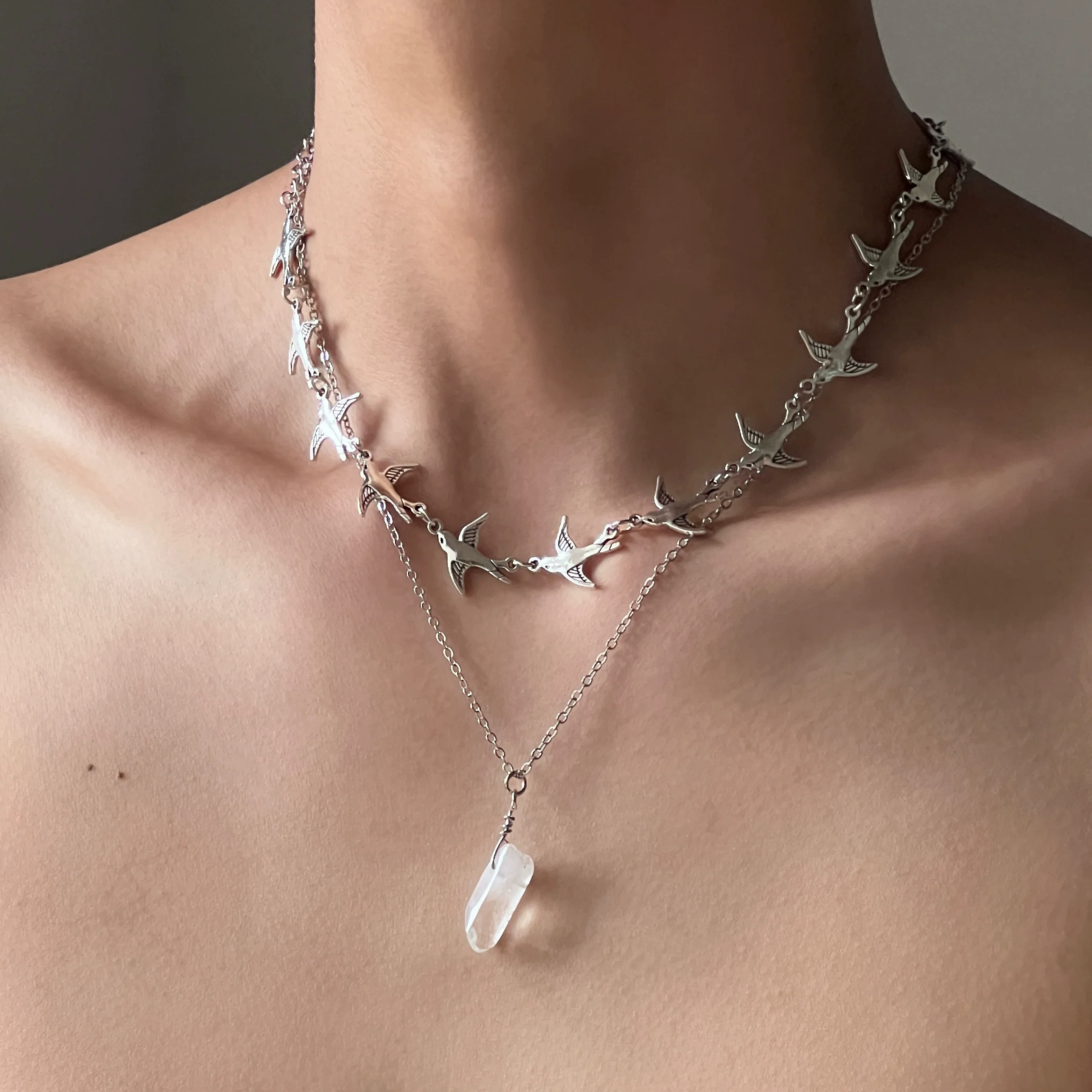 Flying Bird Stone Double-Layer Necklace