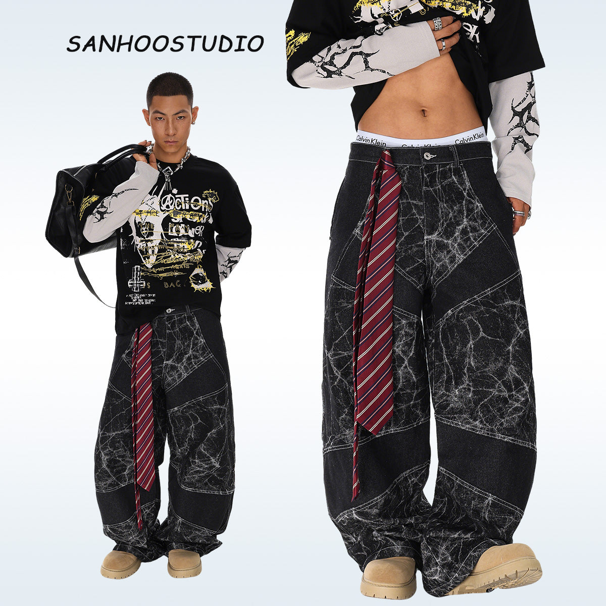 【25s Aug.】Deconstructed Tie-dye Wide-leg Jeans blend bold artistic flair with edgy streetwear design. Featuring a unique tie-dye pattern and raw deconstructed detailing, these jeans make a striking visual statement.