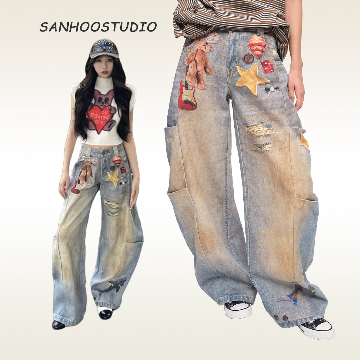 The Sanhoostudio teddy bear jeans feature oversized wide-leg blade-cut design with playful 3D bear prints. Combining a vintage washed finish with bold graphics, these pants bring a balance of youthful fun and retro streetwear attitude.