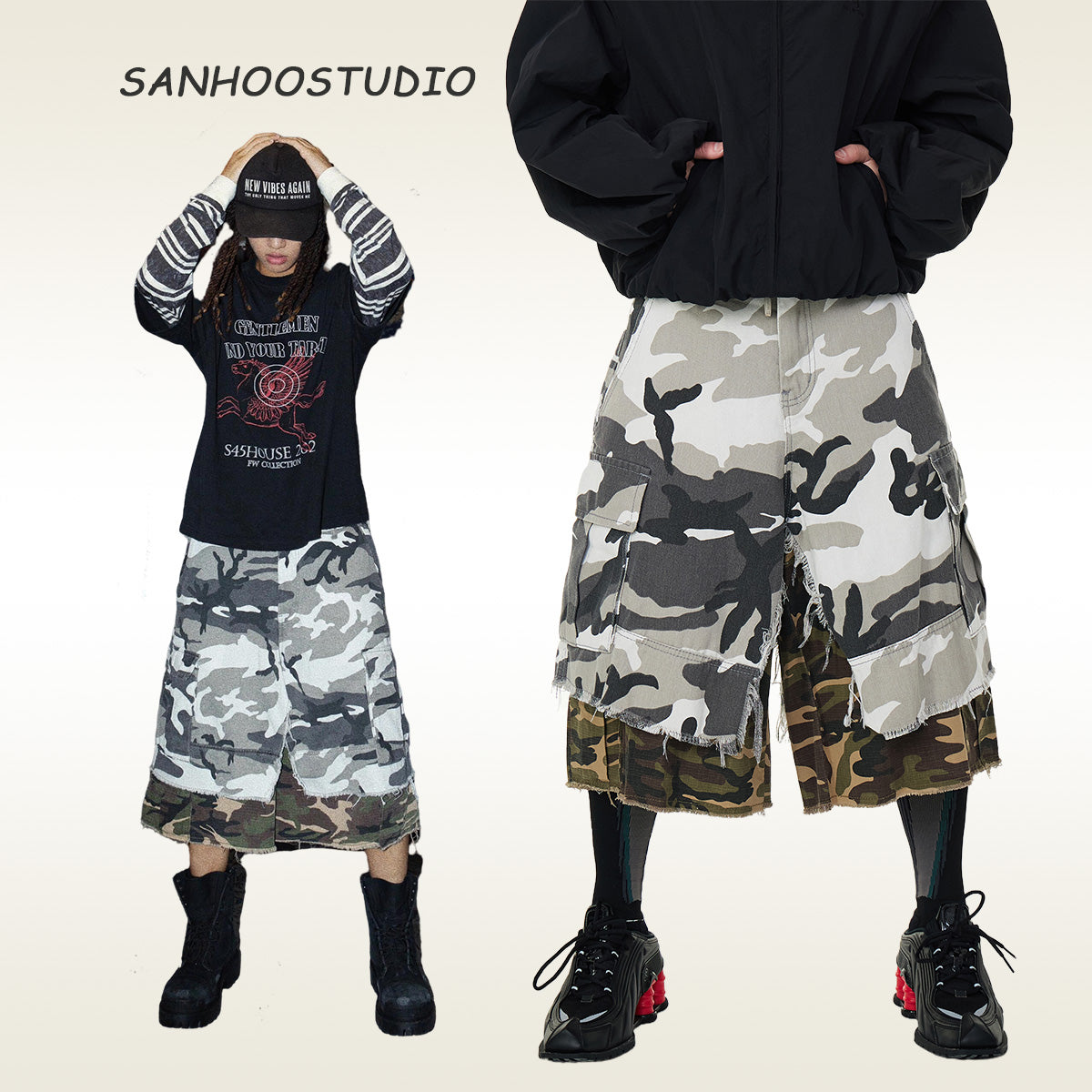 These Sanhoostudio camouflage shorts feature a layered fake two-piece design with a relaxed oversized silhouette and fringe detailing. Combining military ruggedness with deconstructed streetwear aesthetics, they stand out in everyday styling.