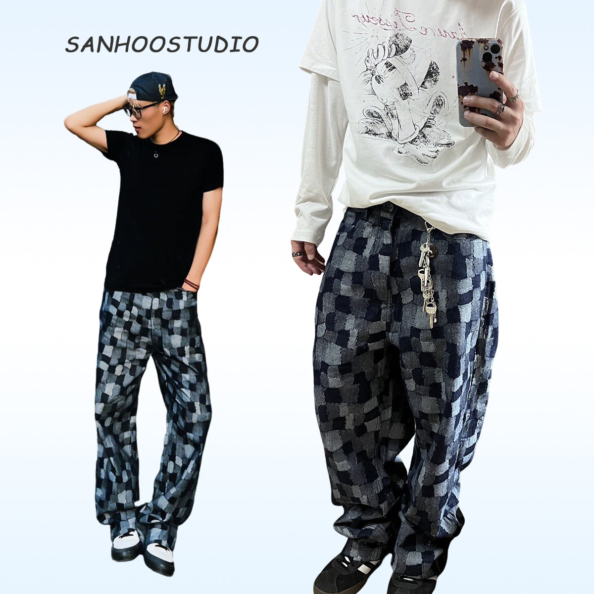 These plaid patchwork denim jeans from Sanhoostudio combine classic blue wash with plaid inserts, delivering a unique vintage-meets-modern streetwear vibe. Perfect for casual and high-street outfits.