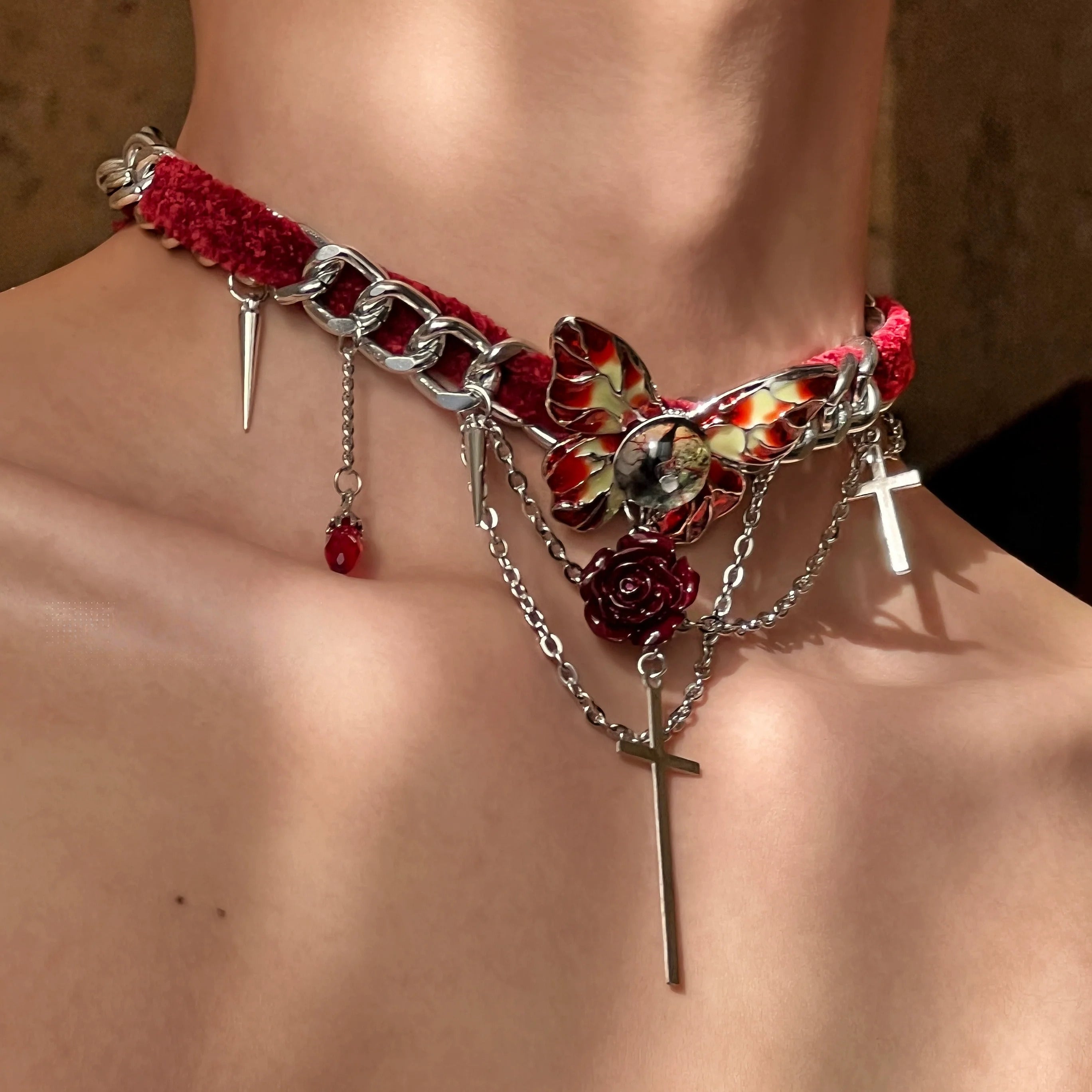 Vintage Red Velvet Butterfly Cross Necklace