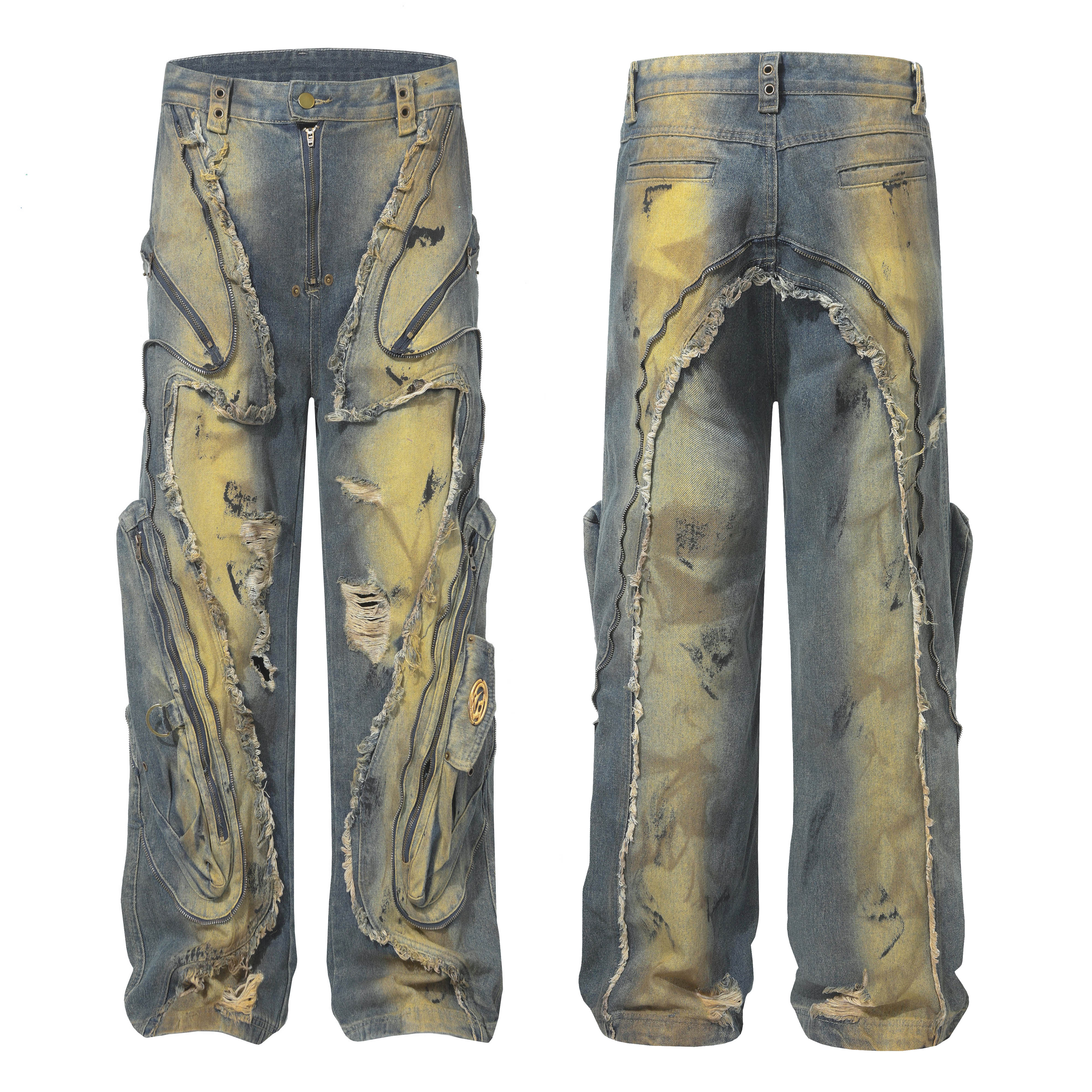 Spliced Distressed Raw Edge Clean-fit Straight Jeans