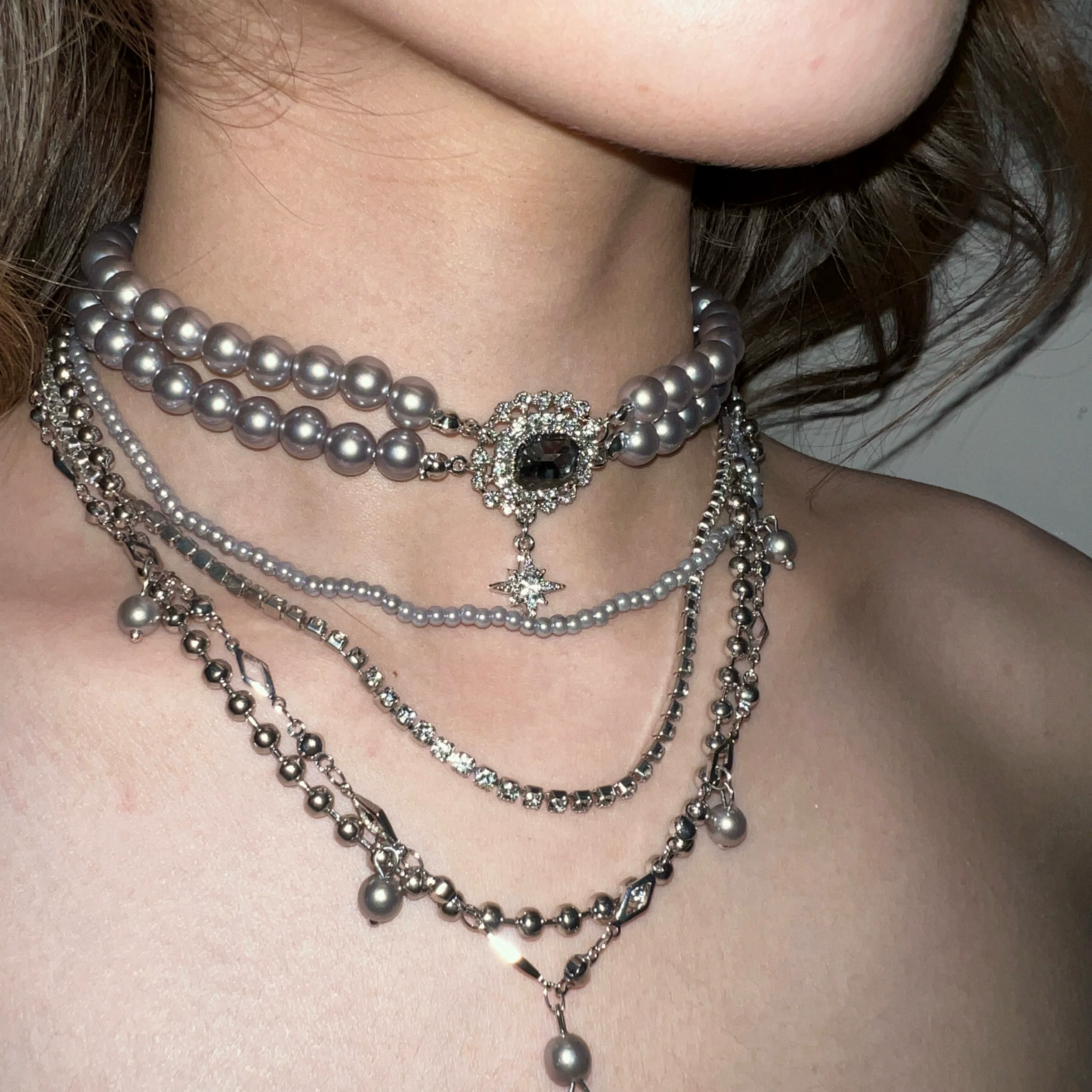 Layered Grey Pearl Gemstone Choker Necklace