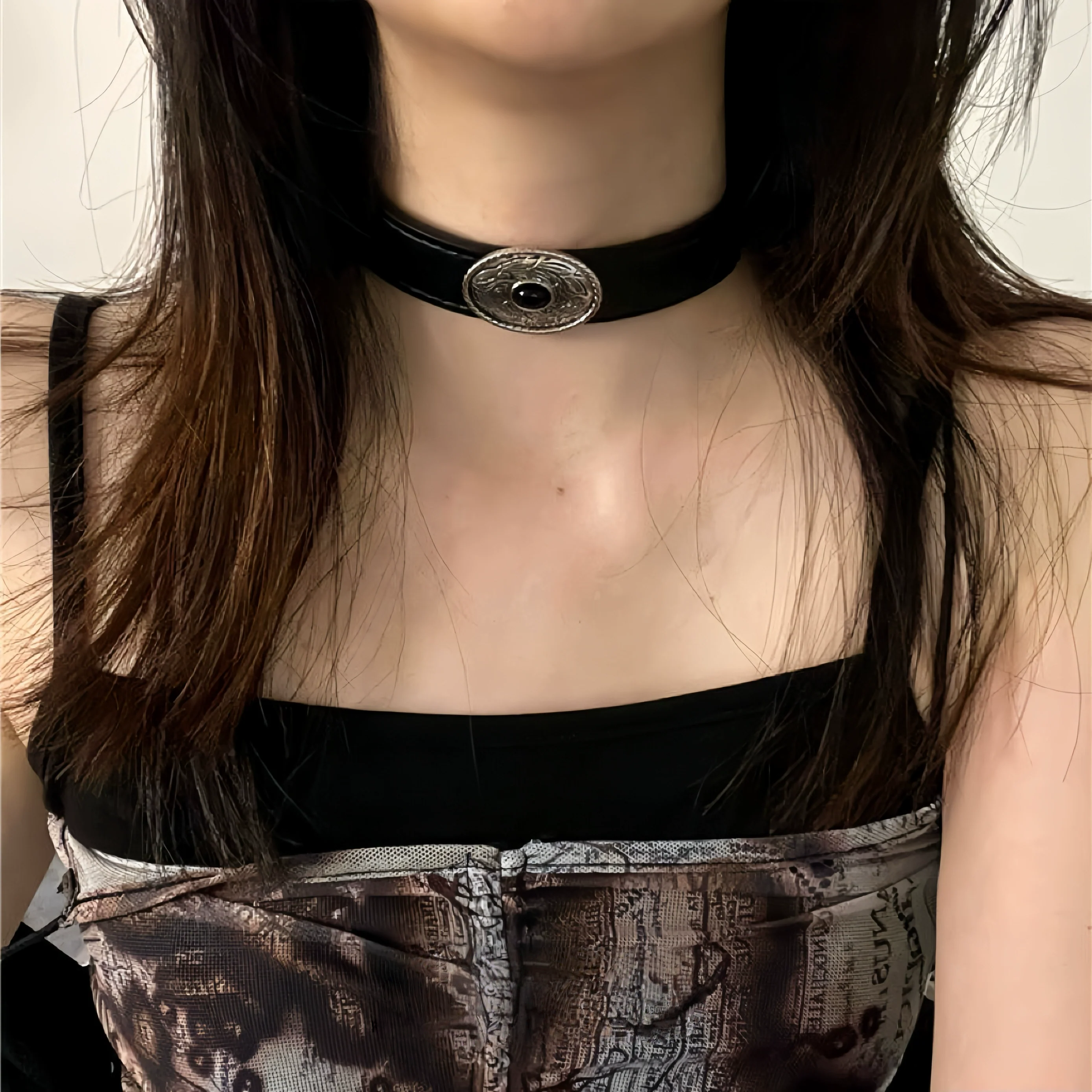 Vintage Leather Metal Totem Choker