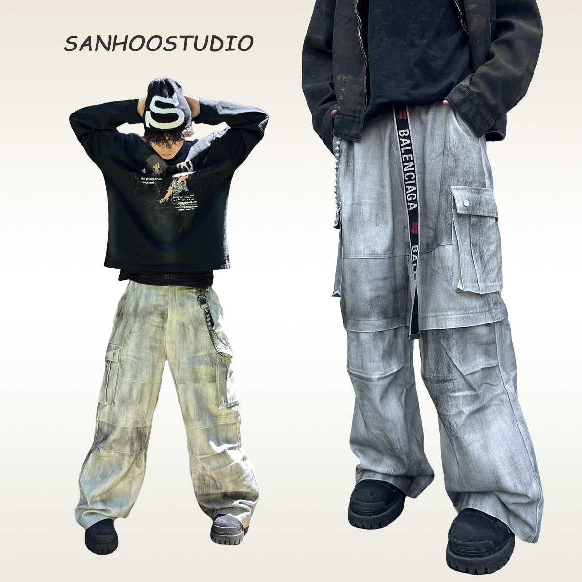 【25s Sep.】Washed Distressed Cargo Wide-Leg Pants