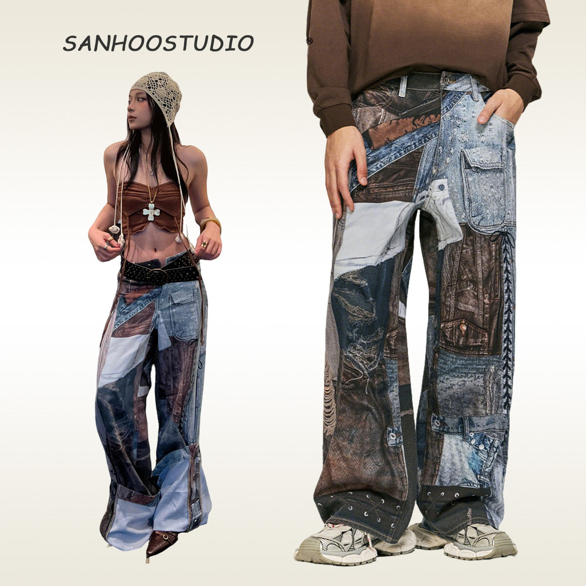 Digital Printed Patchwork Jeans