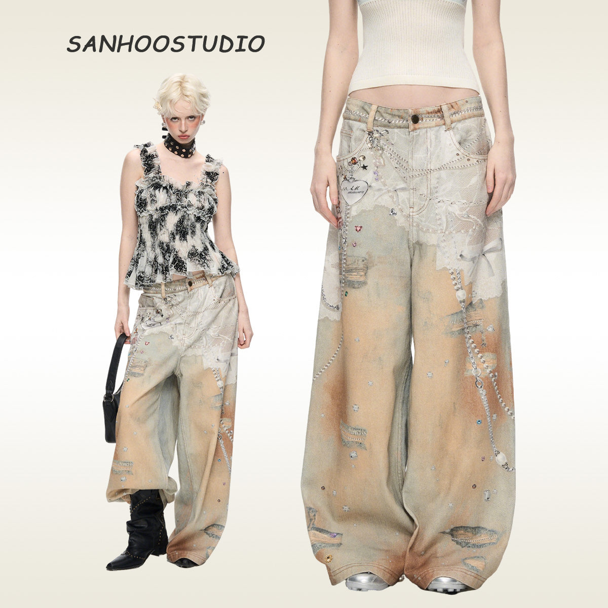 【25s Aug.】Vintage Chain Pattern Denim Jeans