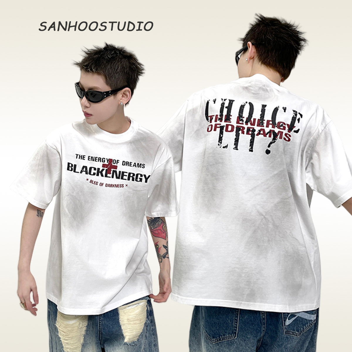 The Sanhoostudio oversized T-shirt features a distressed vintage wash with a round neck and structured shoulders. With its breathable cotton fabric and relaxed high street vibe, it’s a wardrobe staple that blends comfort and edgy streetwear style.