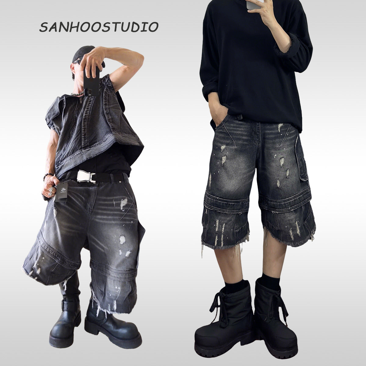 Whiskered Distressed Deconstructed Patchwork Cropped Pants