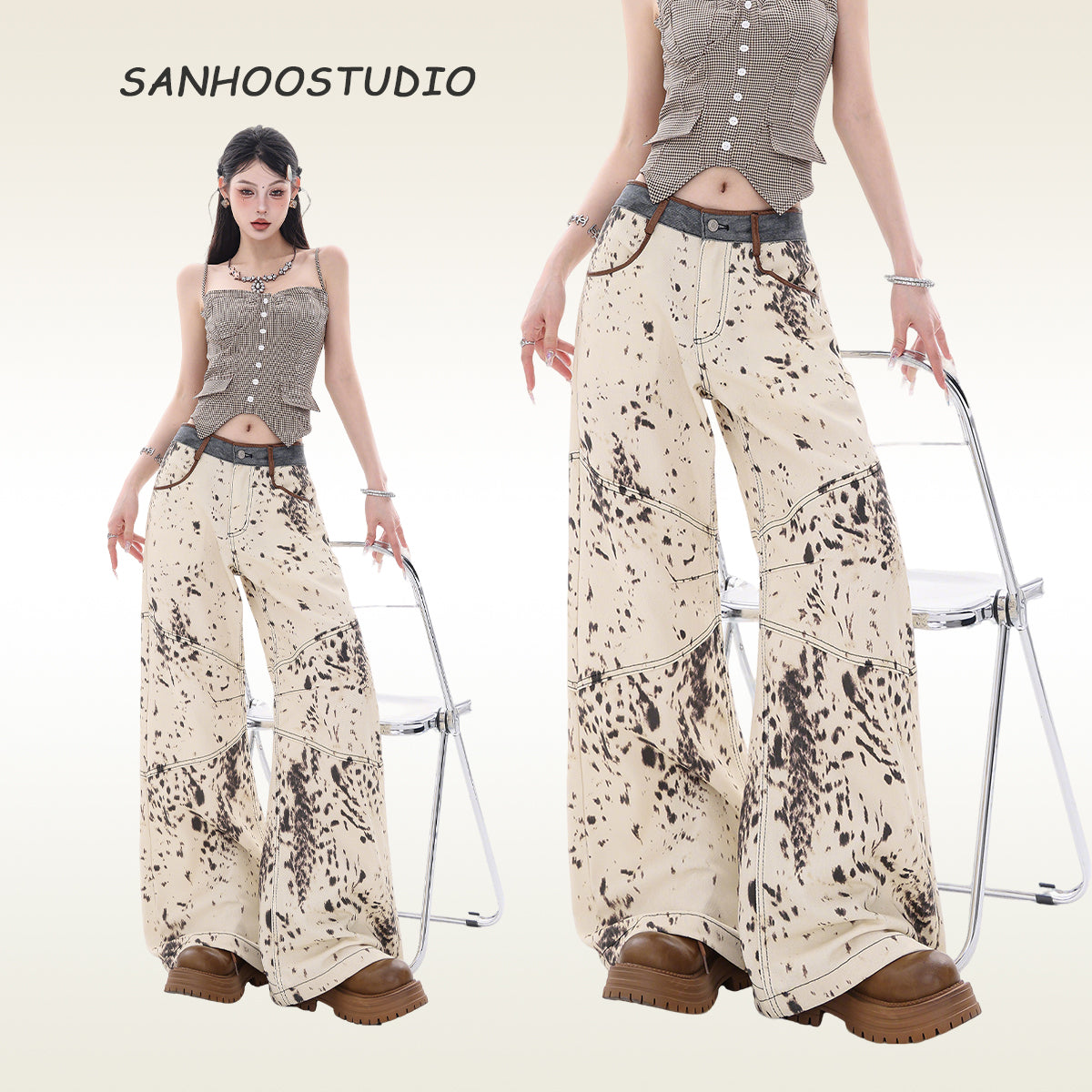 Sanhoostudio’s leopard print patchwork denim pants mix bold patterns with a relaxed straight-leg silhouette, creating a stylish fusion of retro and high-street fashion. A statement piece for standout looks.