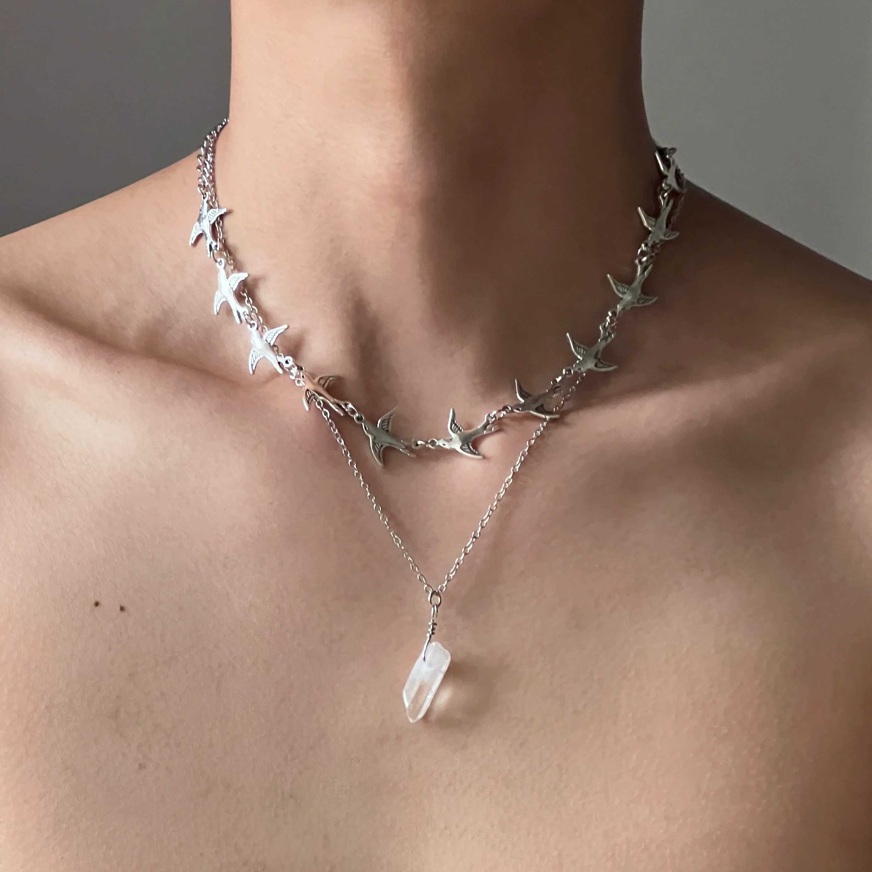 Flying Bird Stone Double-Layer Necklace