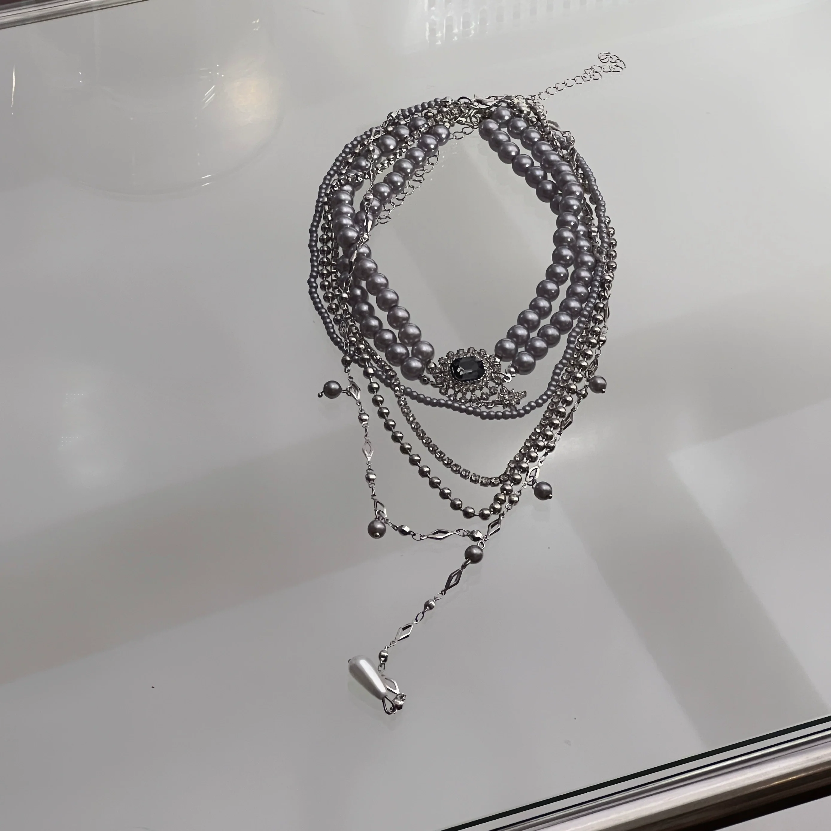 Layered Grey Pearl Gemstone Choker Necklace