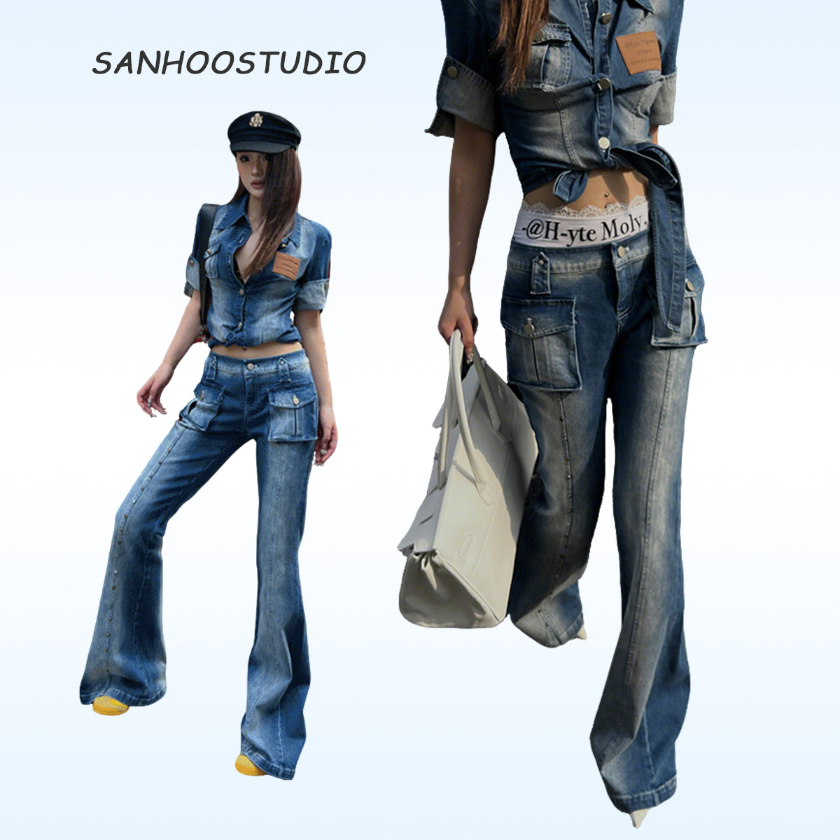 These low-waist stretch denim pants from Sanhoostudio feature a slight flare cut, offering a flattering fit that channels Y2K and retro streetwear vibes. Stylish yet comfortable for daily wear.