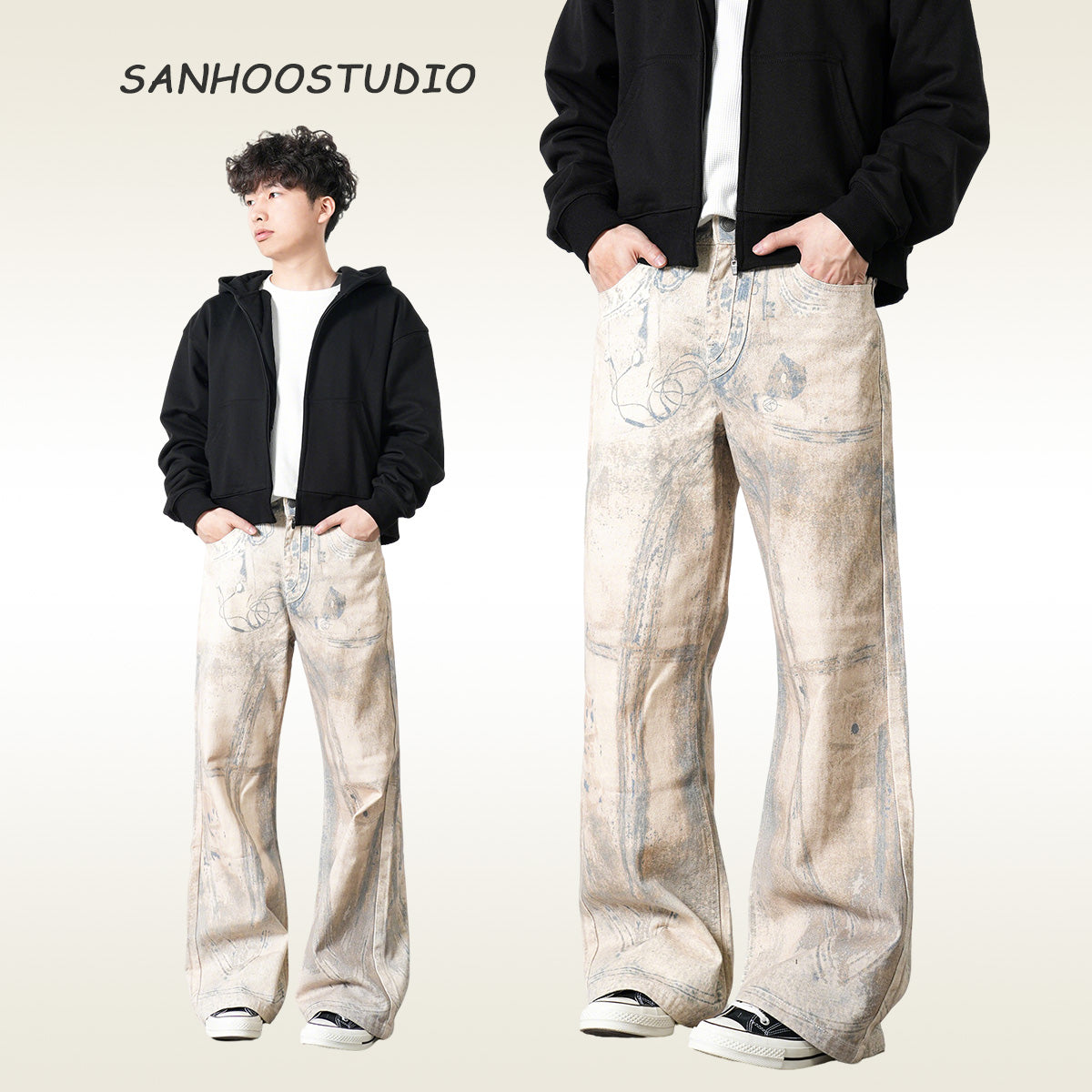 【25s Aug.】Vintage Printed Shell Texture Jeans