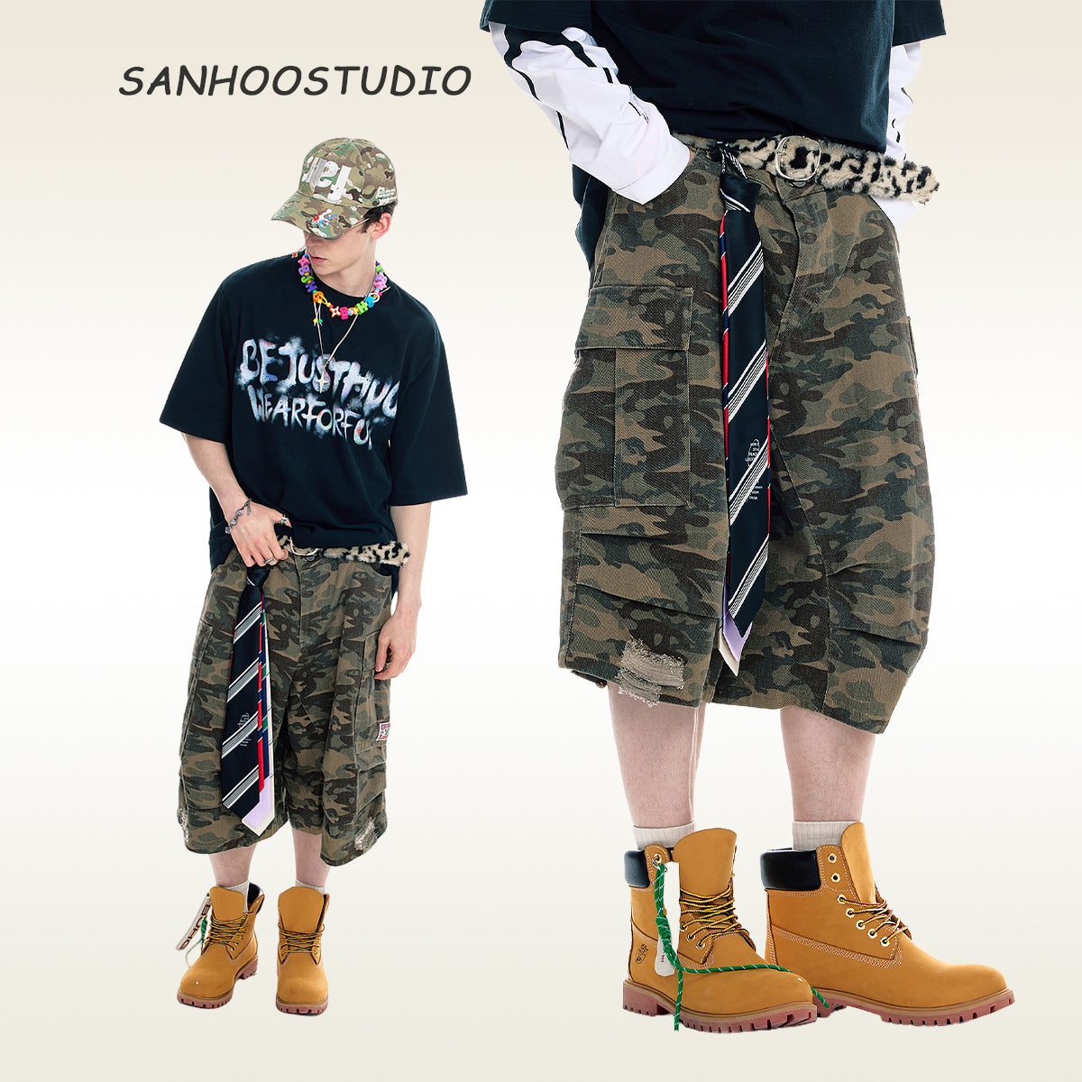 These Sanhoostudio denim shorts feature a camouflage print with vintage washing for a rugged retro effect. Designed with a relaxed fit, they deliver everyday comfort while embracing a military-inspired urban aesthetic.