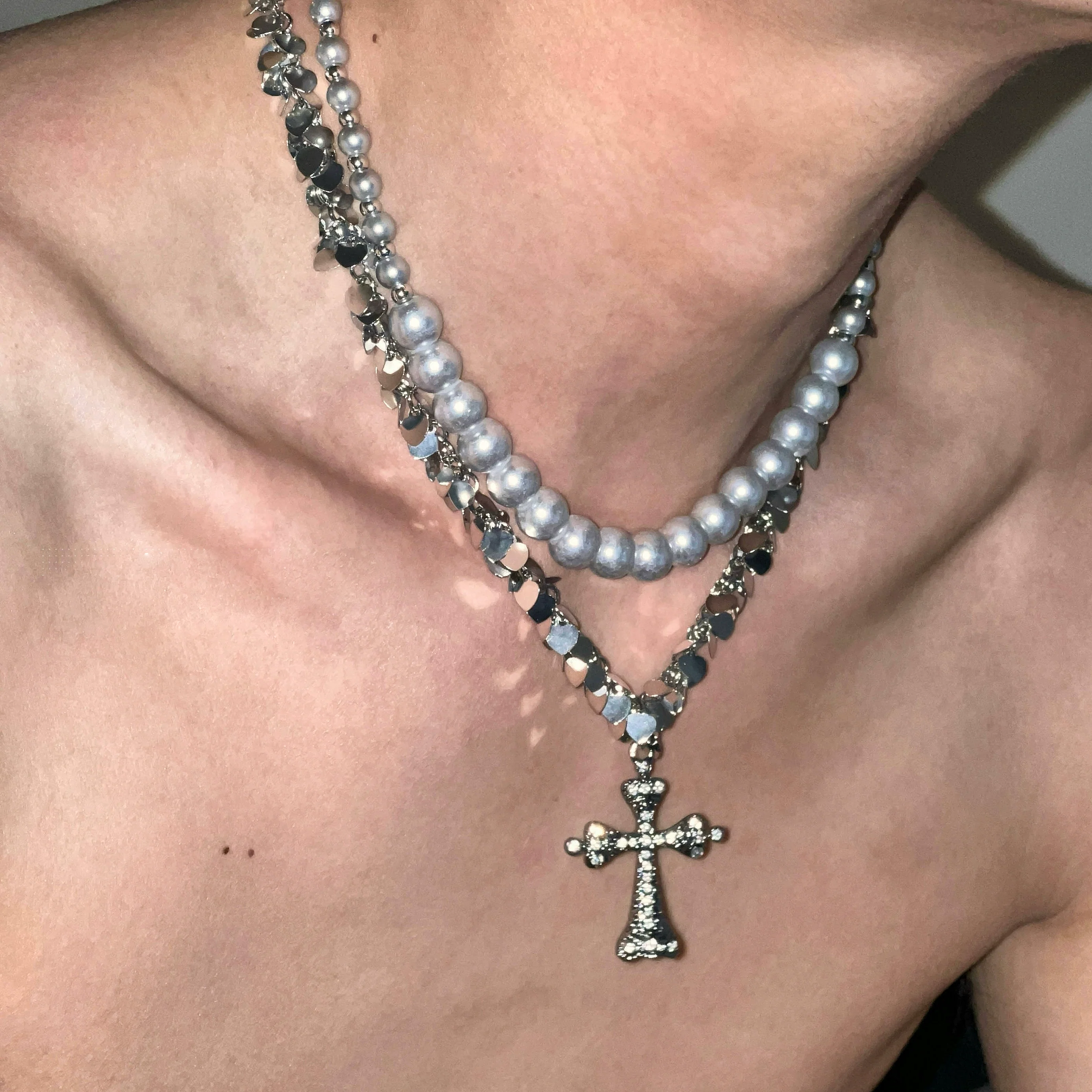Layered Pearl Silver Cross Necklace
