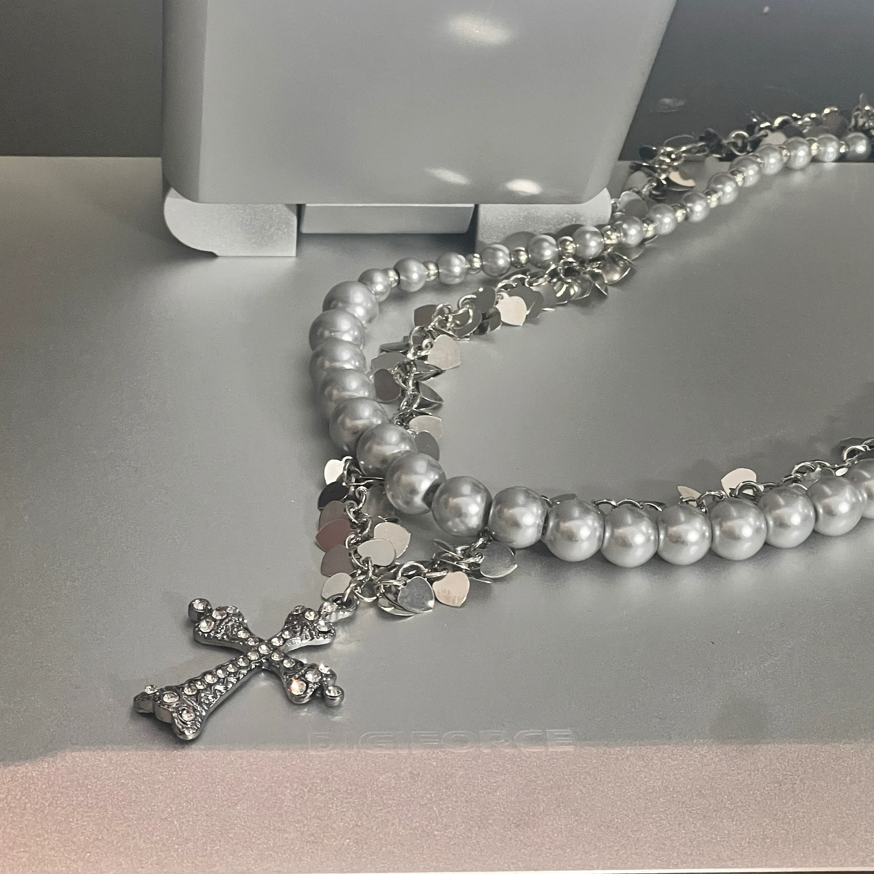 Layered Pearl Silver Cross Necklace
