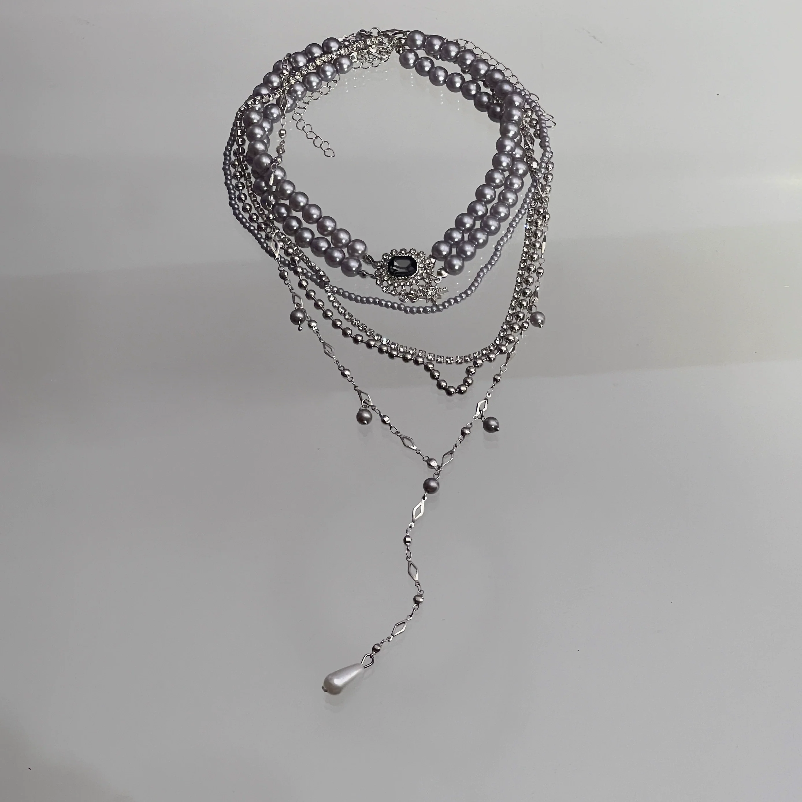 Layered Grey Pearl Gemstone Choker Necklace