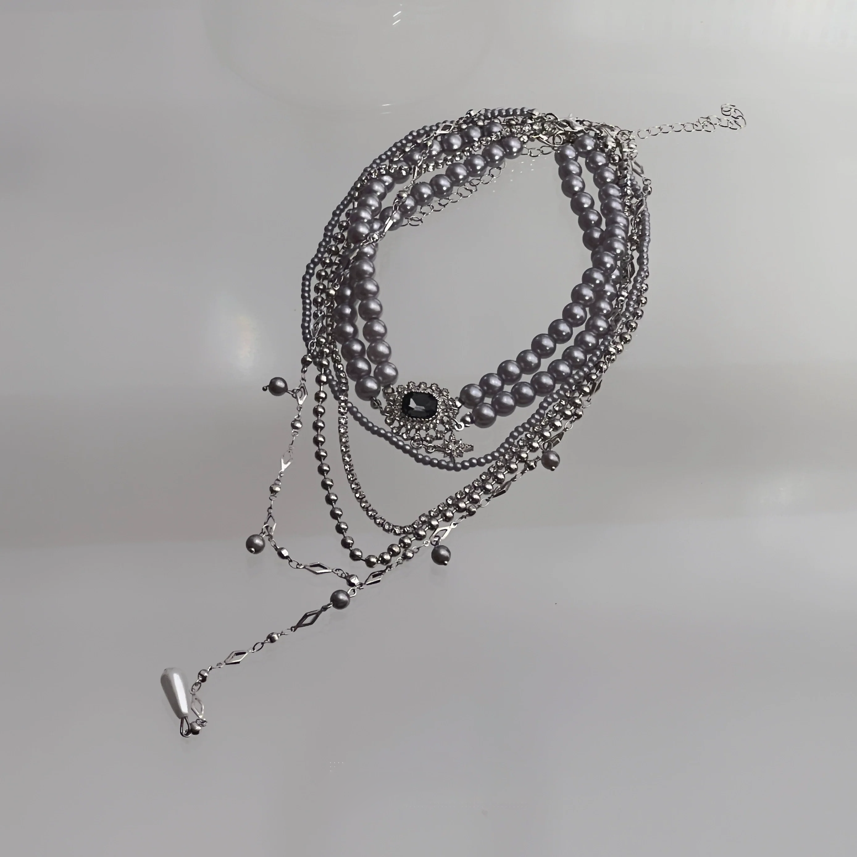 Layered Grey Pearl Gemstone Choker Necklace