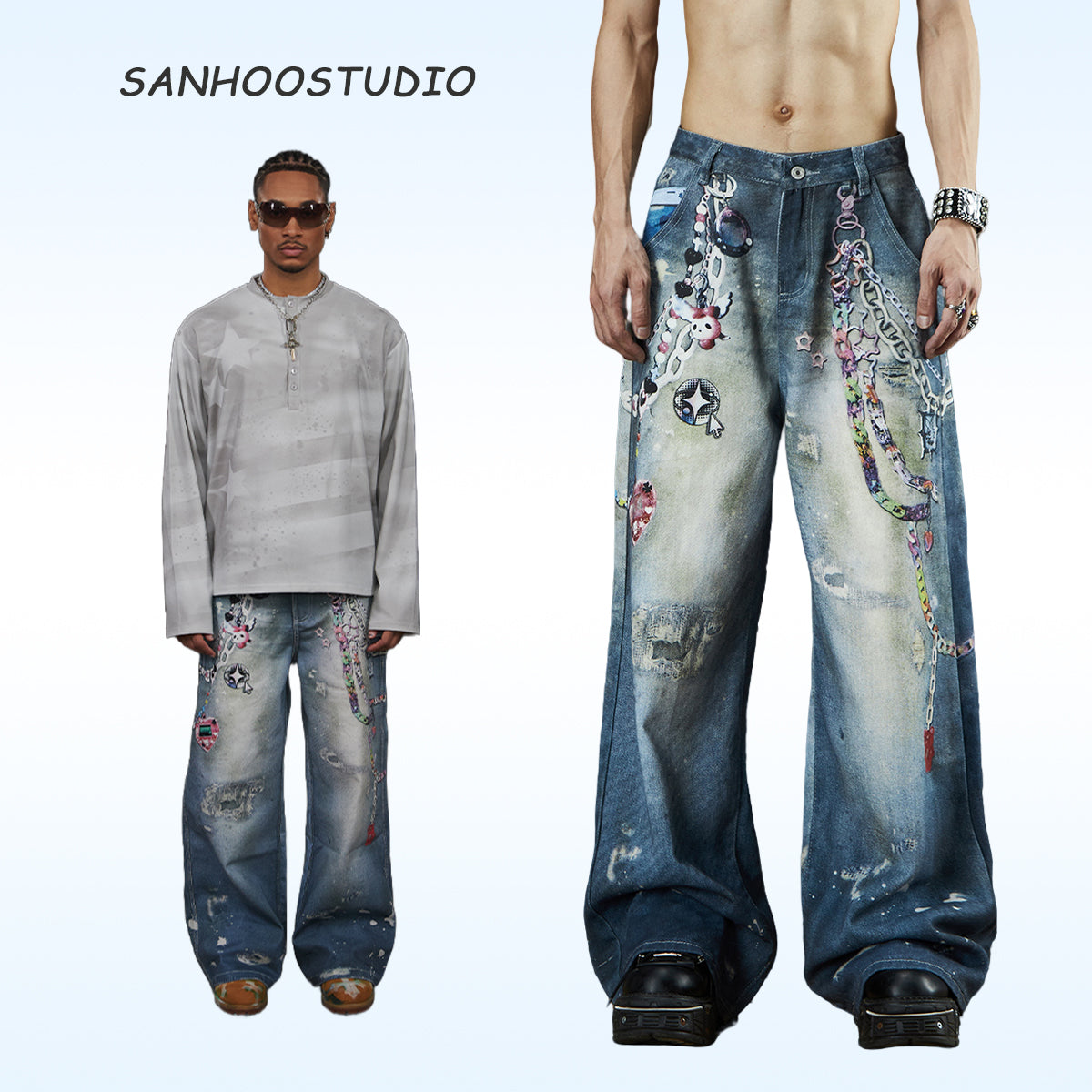 The Sanhoostudio jeans combine digital multicolor chain prints with a washed distressed finish in a straight-leg silhouette. Their oversized cut and bold pattern make them an expressive statement piece for modern streetwear outfits.
