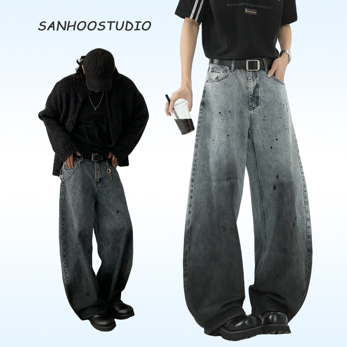 【25s Jul.】Gradient Scimitar Design Loose Wide-Leg Jeans
