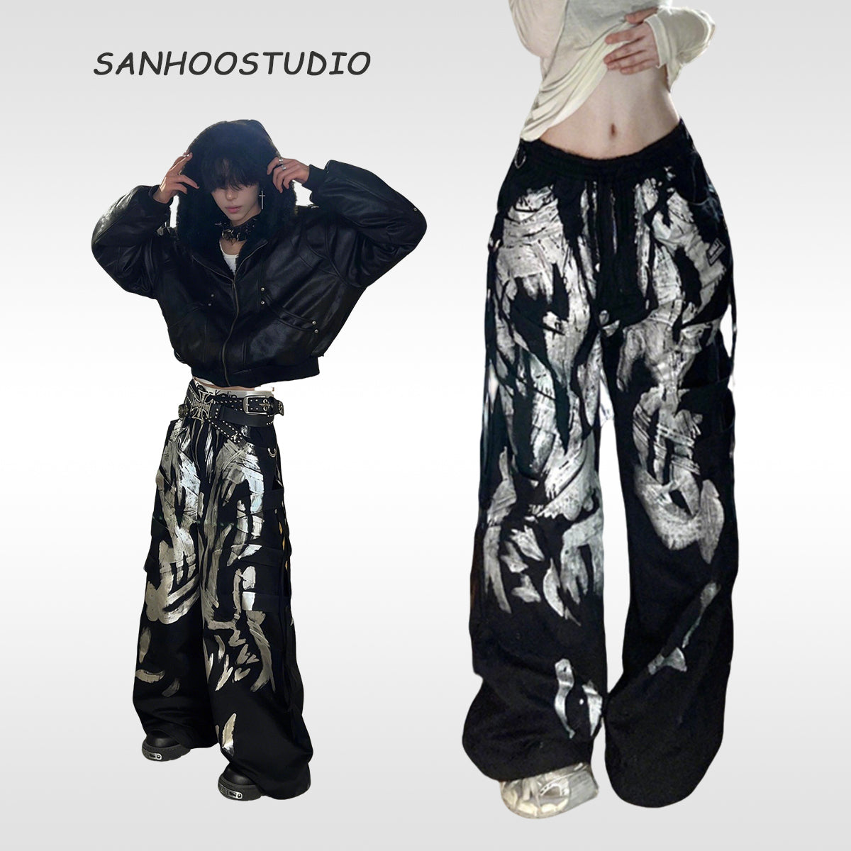 Sanhoostudio’s cyberpunk-inspired black cargo pants combine gothic Y2K aesthetics with utility style. Featuring multi-pocket design and a loose silhouette, they are perfect for futuristic streetwear outfits.