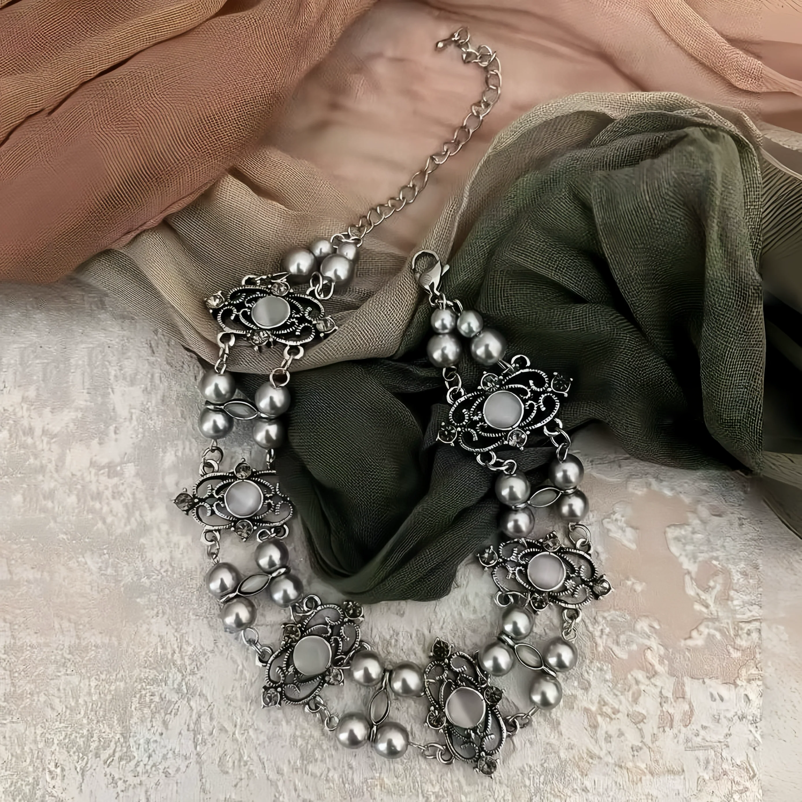 Vintage Double Tiger Eye Pearl Necklace